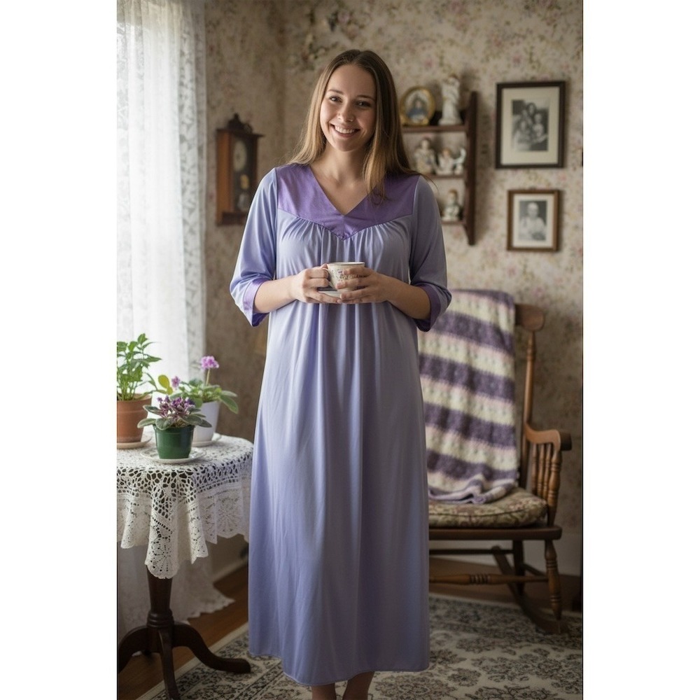 Grandmacore Nightgown Womens XL Lavender Purple Maxi V-Neck Lace 3/4 no tags
